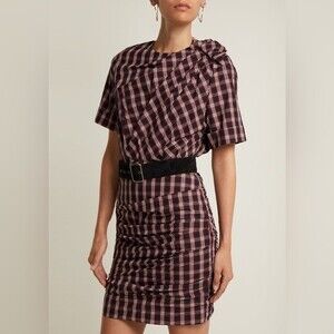 Isabel Marant Étoile Oria Red Black Tartan Ruched Cotton Dress 8 NWT